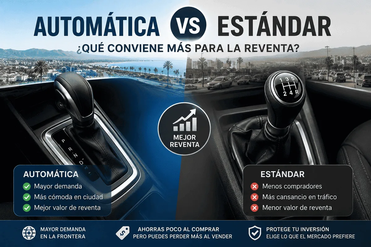 Comparativa entre transmisión automática y estándar enfocada en valor de reventa en la frontera. La imagen muestra una palanca automática y una manual lado a lado, destacando ventajas de los autos automáticos como mayor demanda, comodidad en ciudad y mejor reventa.