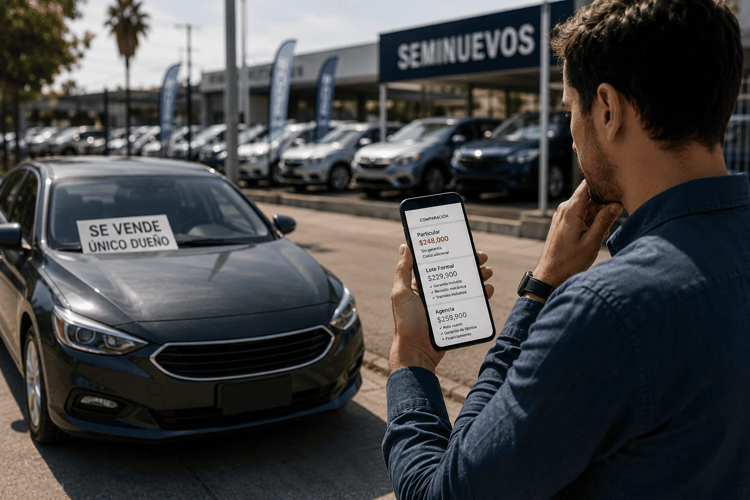 Persona comparando el precio de un auto vendido por un particular con opciones de un lote formal y una agencia